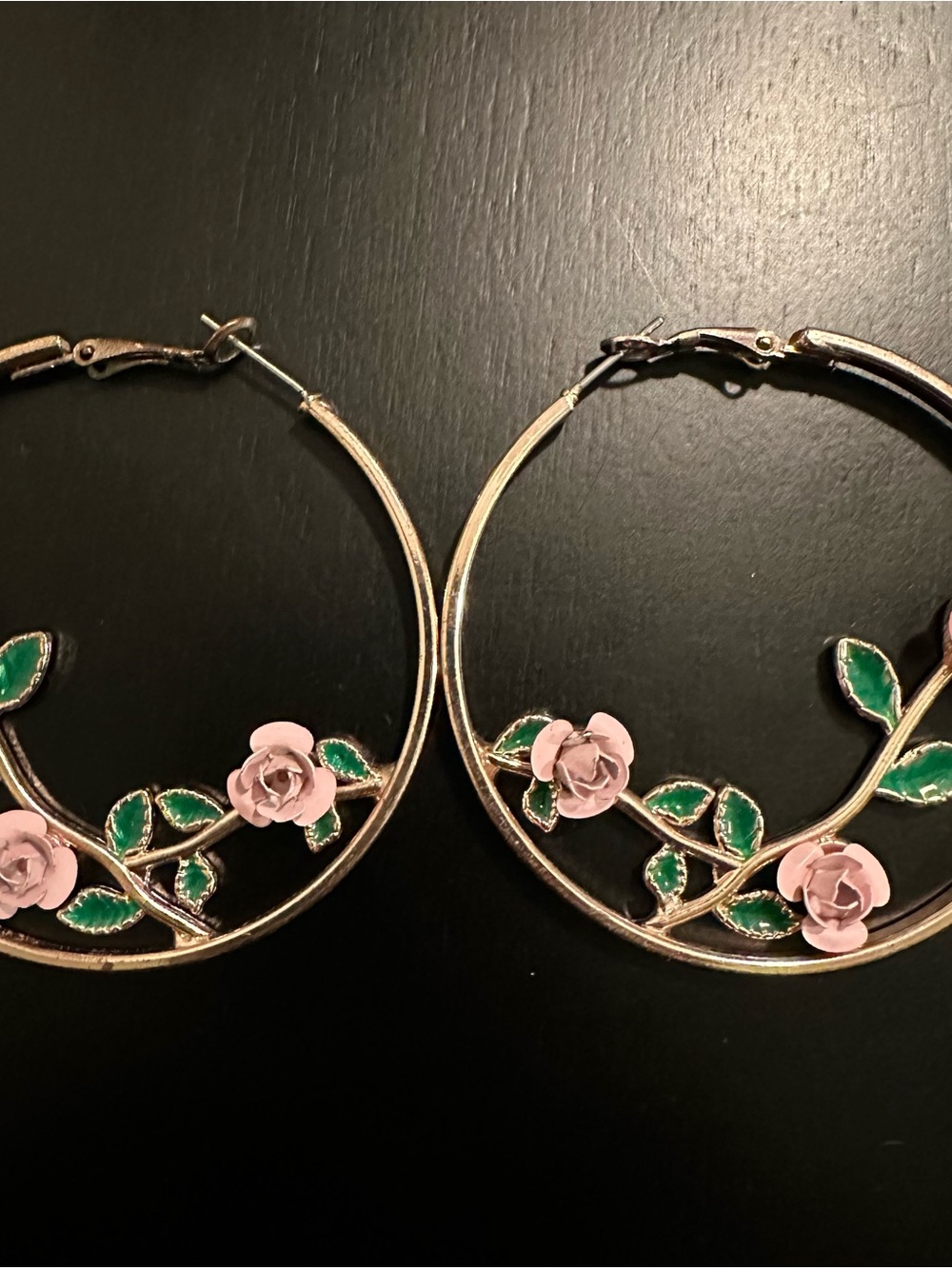Floral Hoop Earrings with Pink Rose and Green Leaves